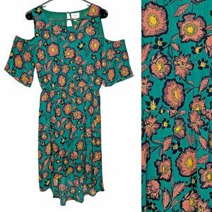 EVERLY Open Back Green Floral Cold Shoulder Asymmetrical Summer Dress Wms Sz M